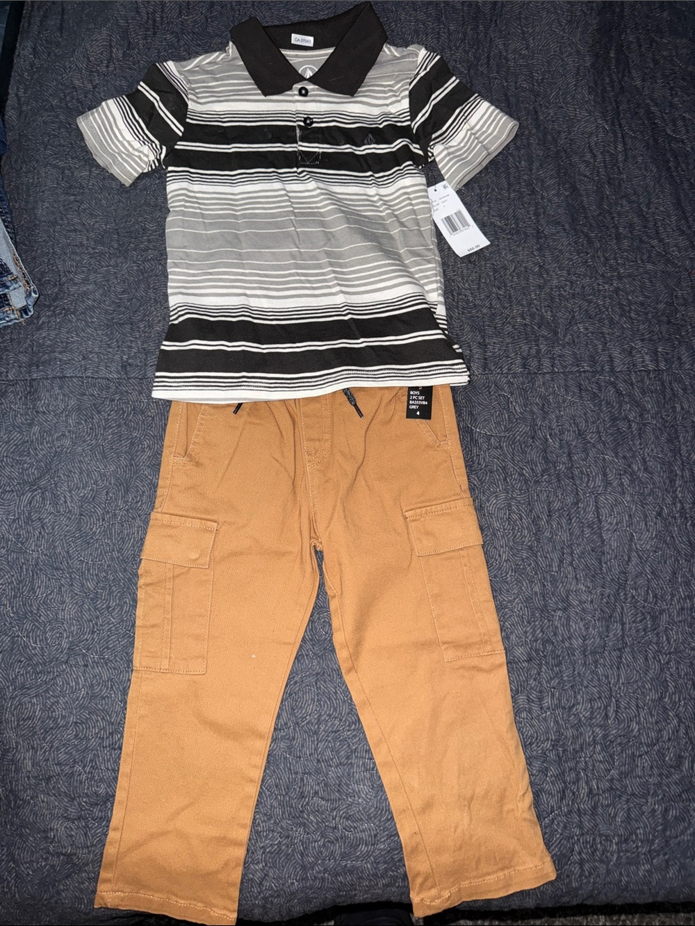 Volcom Black & Gray Striped Polo with Tan Cargo Pants - Kids Matching Set